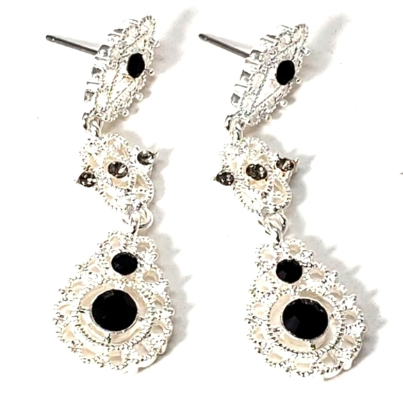 Women's Silver tone Filigree & Black Stone, Sparkling Post Drop Dangle Earrings - Picture 1 of 7